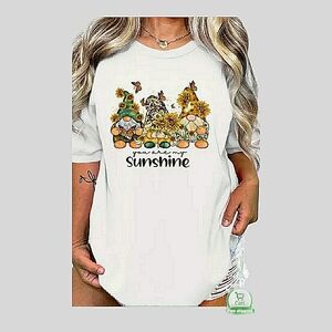 Plus Size Floral & Gnomes Graphic Print T-shirt, White. 2XL(16), NWT